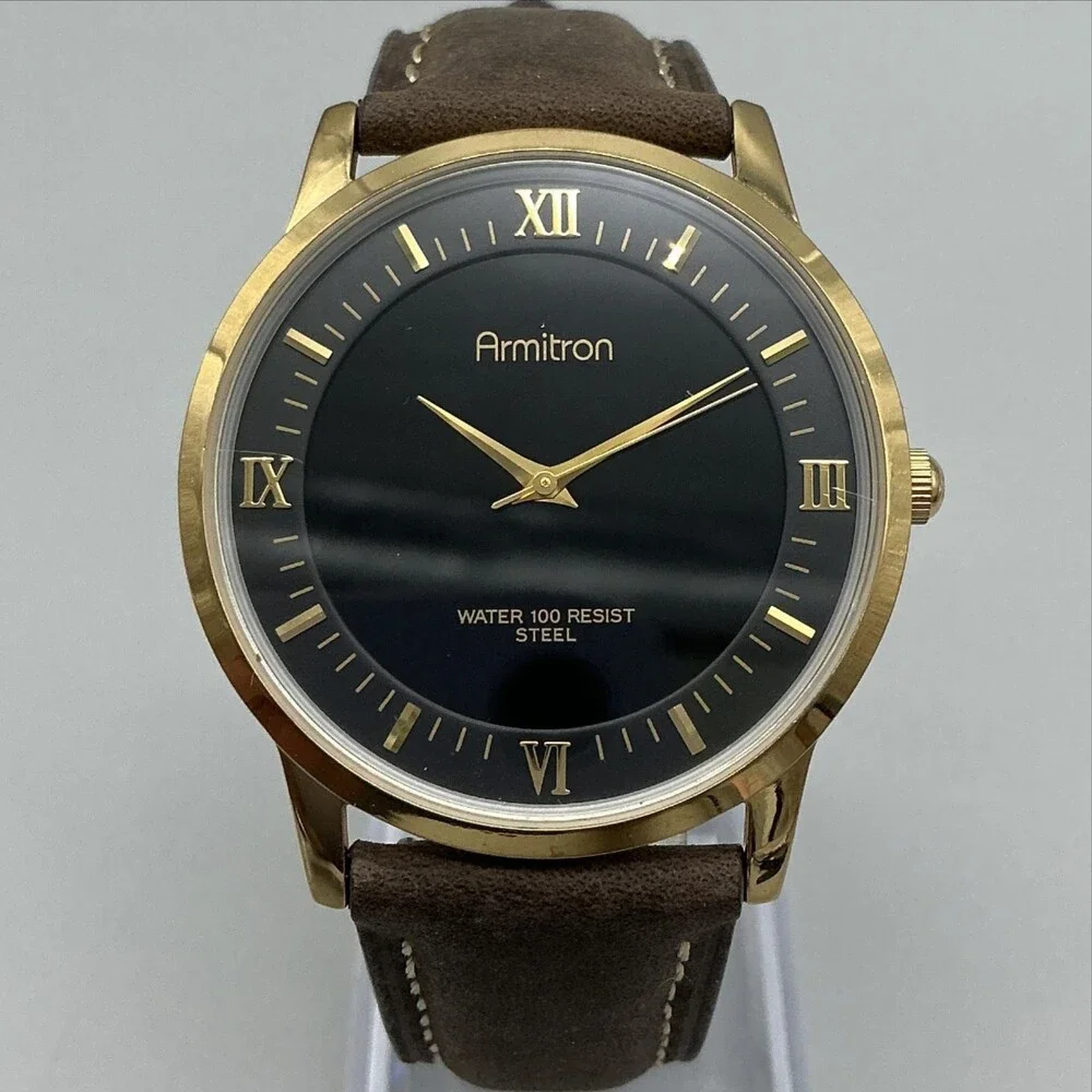 Armitron Mens Watch 37mm Black Roman Dial Gold Tone Brown Leather New Battery